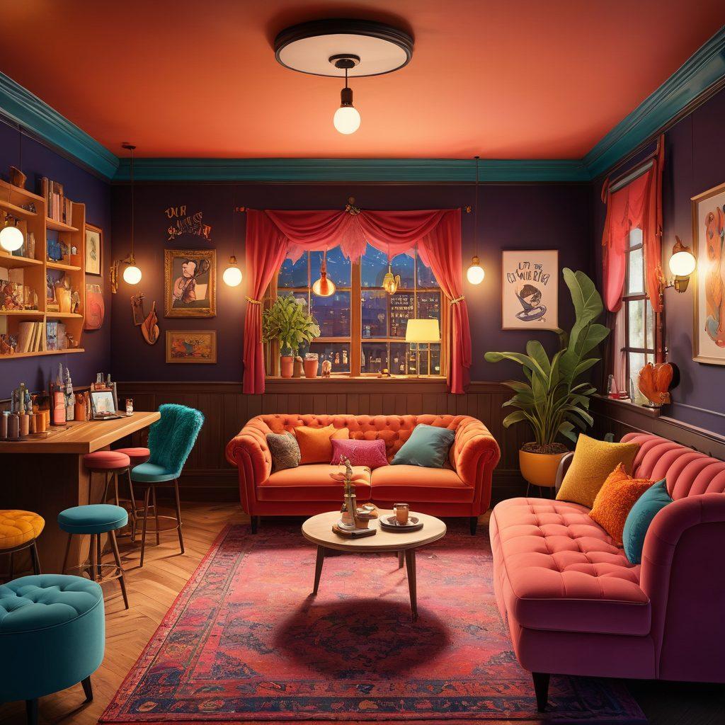 A playful and colorful illustration featuring diverse characters sharing a laugh in a cozy, dimly-lit lounge filled with quirky decor and playful adult-themed humor. Include elements like a comedy club stage, playful props, and hints of kink lifestyle accessories, all infused with vibrant colors that evoke a fun and cheeky atmosphere. Characters should reflect a range of identities and expressions, capturing the essence of adult humor and inclusivity. cartoon style. vibrant colors. cozy setting.