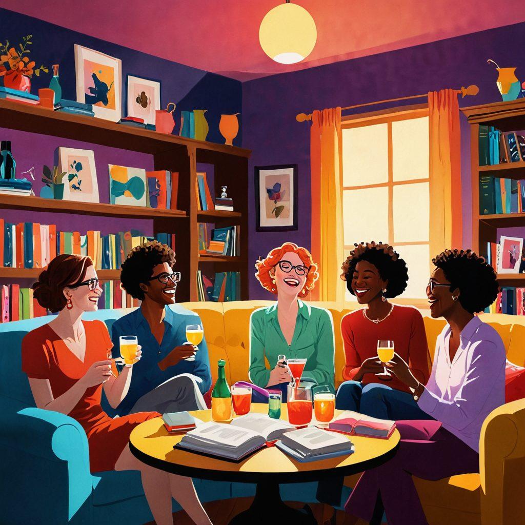 A whimsical, colorful scene showcasing a diverse group of adults sharing laughter in a cozy yet playful setting. Incorporate lighthearted props such as quirky cocktails and humorous books, surrounded by soft, ambient lighting to create an intimate vibe. Include elements of sensuality represented through artful silhouettes and playful gestures, blending humor with lifestyle. Captivating yet tasteful, this imagery enhances the theme of adult comedy and exploration. vibrant colors. soft focus. illustration.