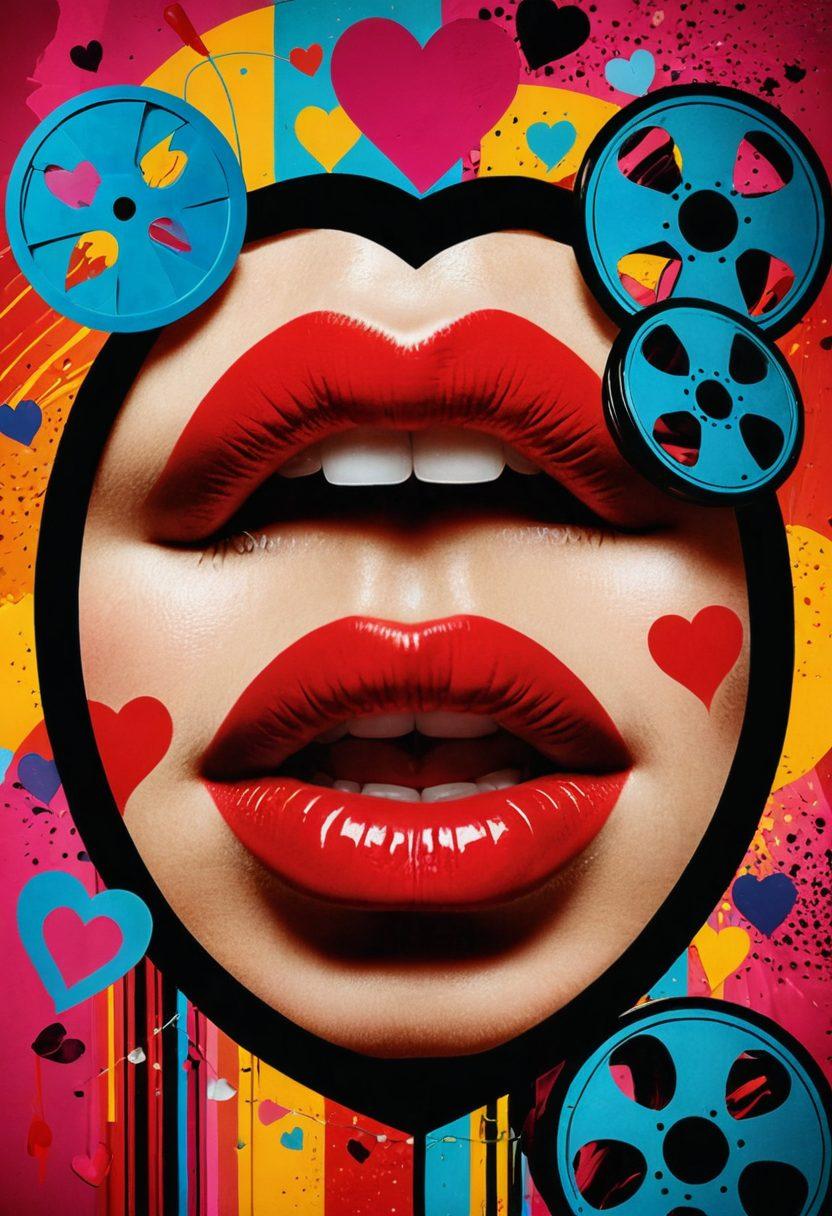 An abstract representation of adult entertainment, featuring a playful mix of silhouettes and bold symbols like lips, hearts, and playful elements intertwined with a film reel. The background should be vibrant and dynamic, evoking a blend of fun and intrigue. Use bright colors and a hint of sensuality, balanced with artistic flair. Incorporate textural elements to create depth and interest. 3D, vibrant colors, abstract art.